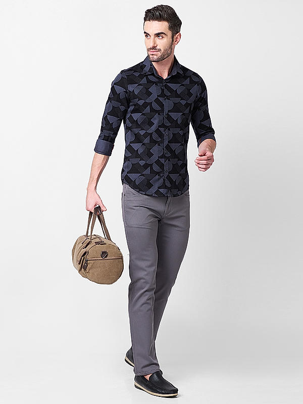 Men Dark Grey Slim Fit Printed Shirts