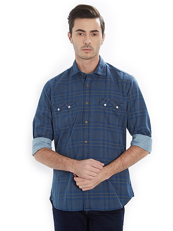 Checkered Blue Color Cotton Slim Fit Shirt