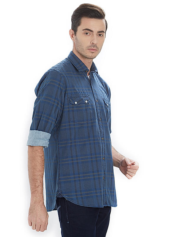 Checkered Blue Color Cotton Slim Fit Shirt