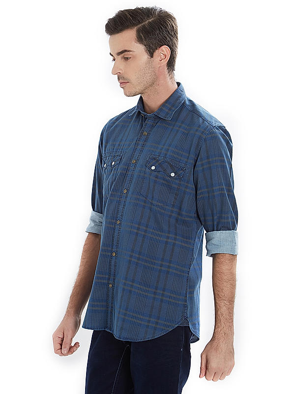 Checkered Blue Color Cotton Slim Fit Shirt