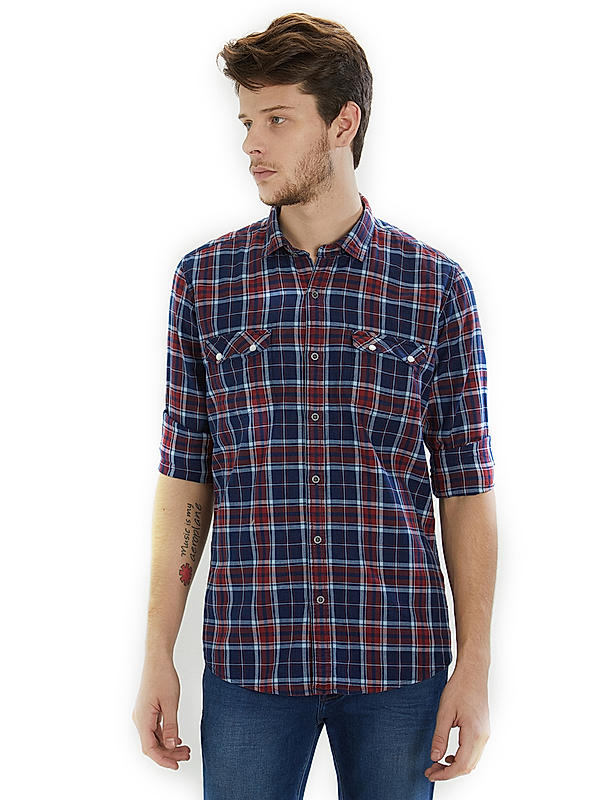 Checkered Blue Color Cotton Slim Fit Shirt