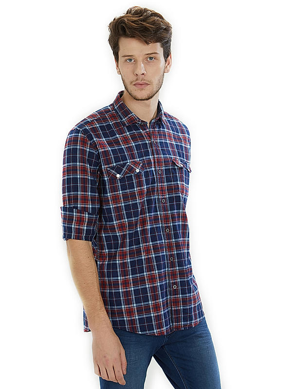 Checkered Blue Color Cotton Slim Fit Shirt