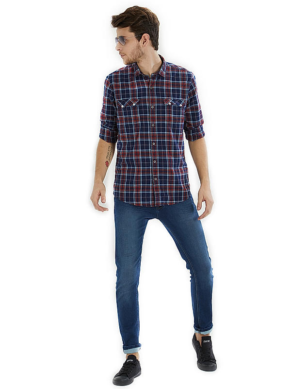 Checkered Blue Color Cotton Slim Fit Shirt