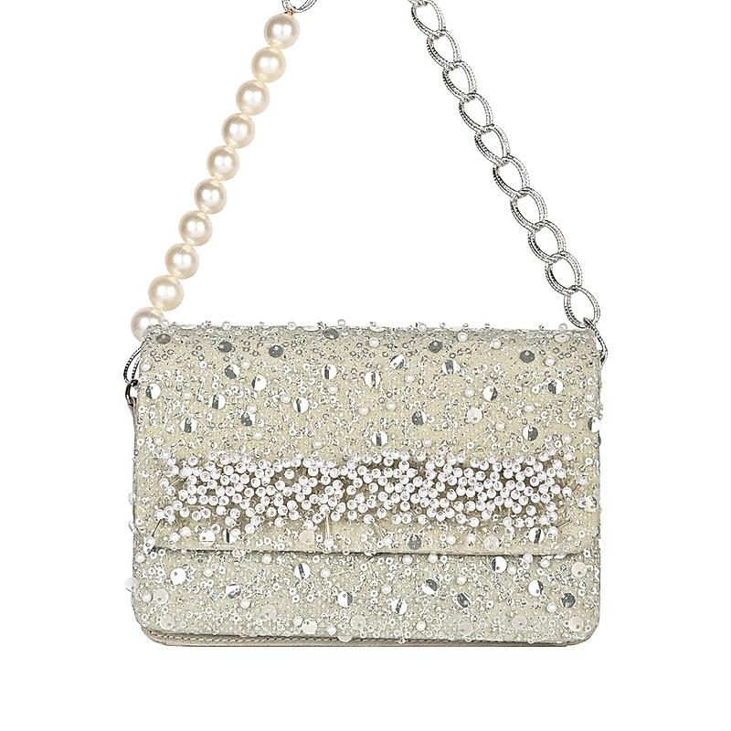 Rocia By Regal Silver Women Heavy Pearl Embellished Bag