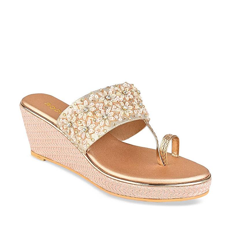 Rocia Rose Gold Women One Toe Hand Embroidered Wedges