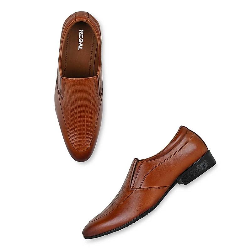 Regal Tan Men Laser Cut Leather Formal Slip On Shoes