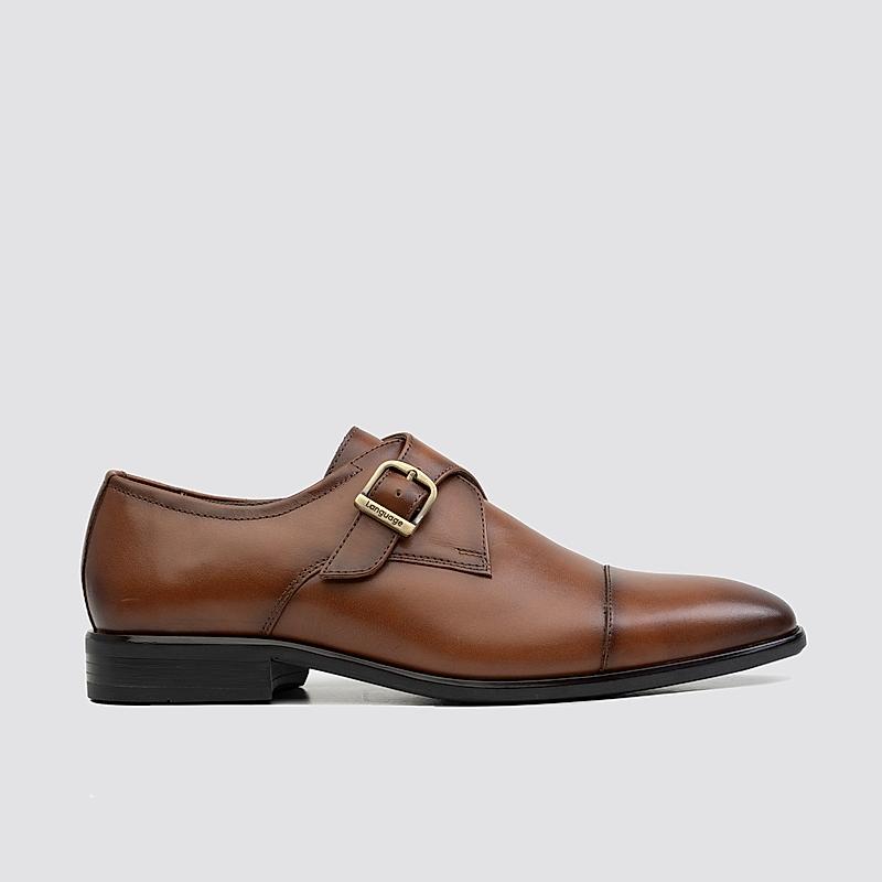 LANGUAGE TAN MEN LEATHER MONK-STRAP SHOES