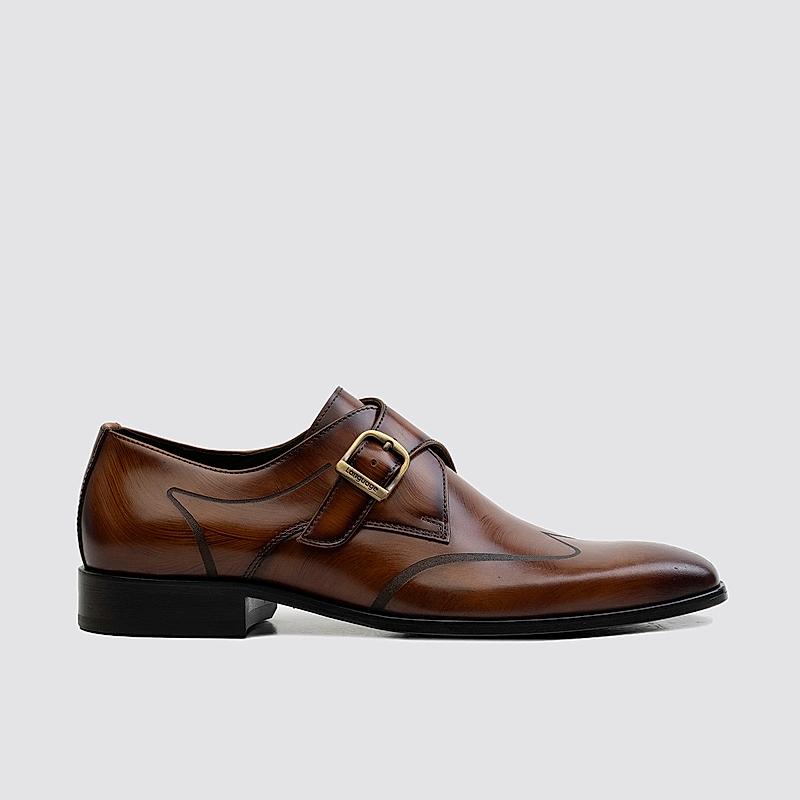 LANGUAGE TAN MEN LEATHER MONK-STRAP SHOES