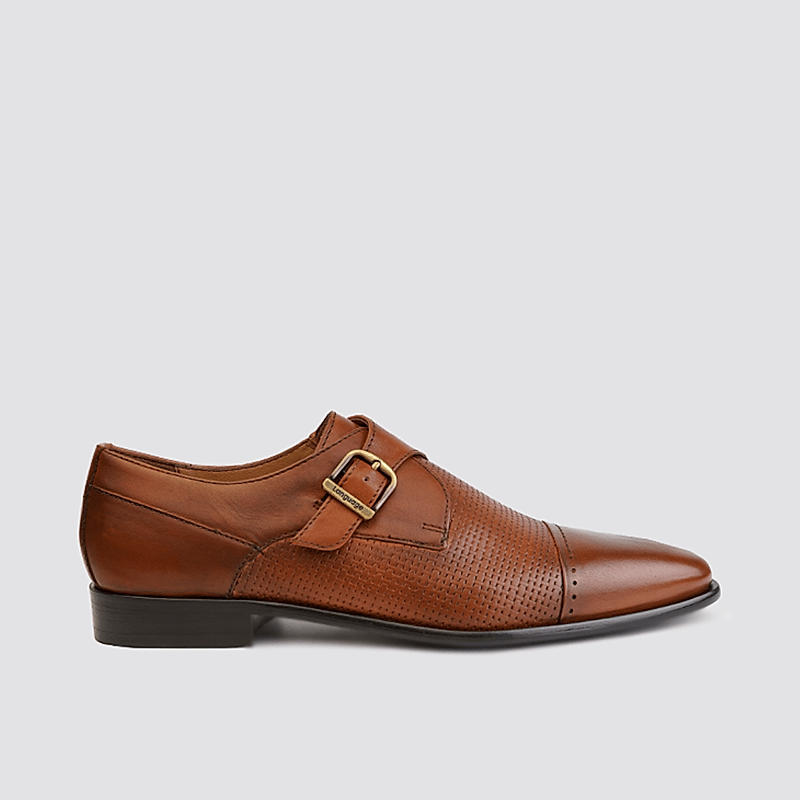 LANGUAGE TAN MEN LEATHER MONK-STRAP SHOES