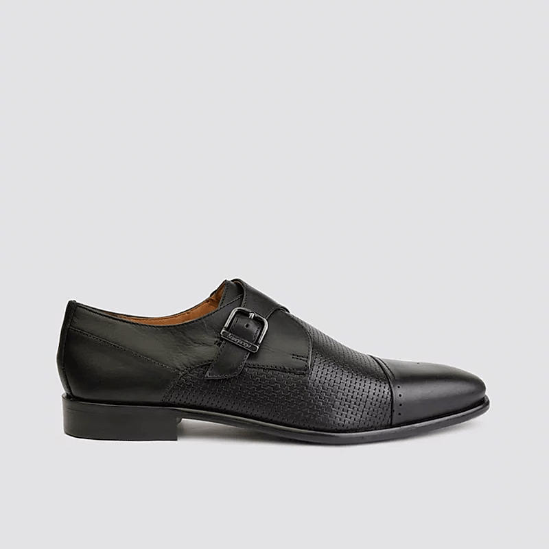 LANGUAGE BLACK MEN LEATHER MONK-STRAP SHOES