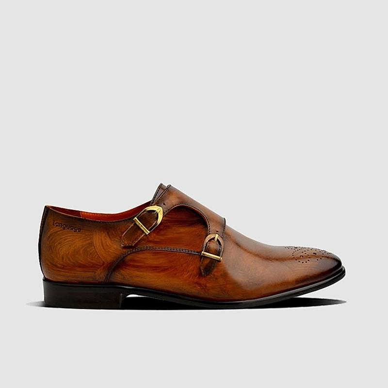 LANGUAGE TAN MEN LEATHER MONK-STRAP SHOES