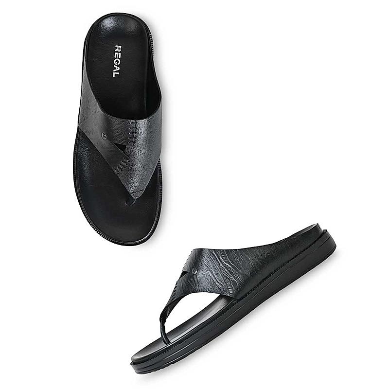 Regal Black Mens Casual Textured Leather Sandals