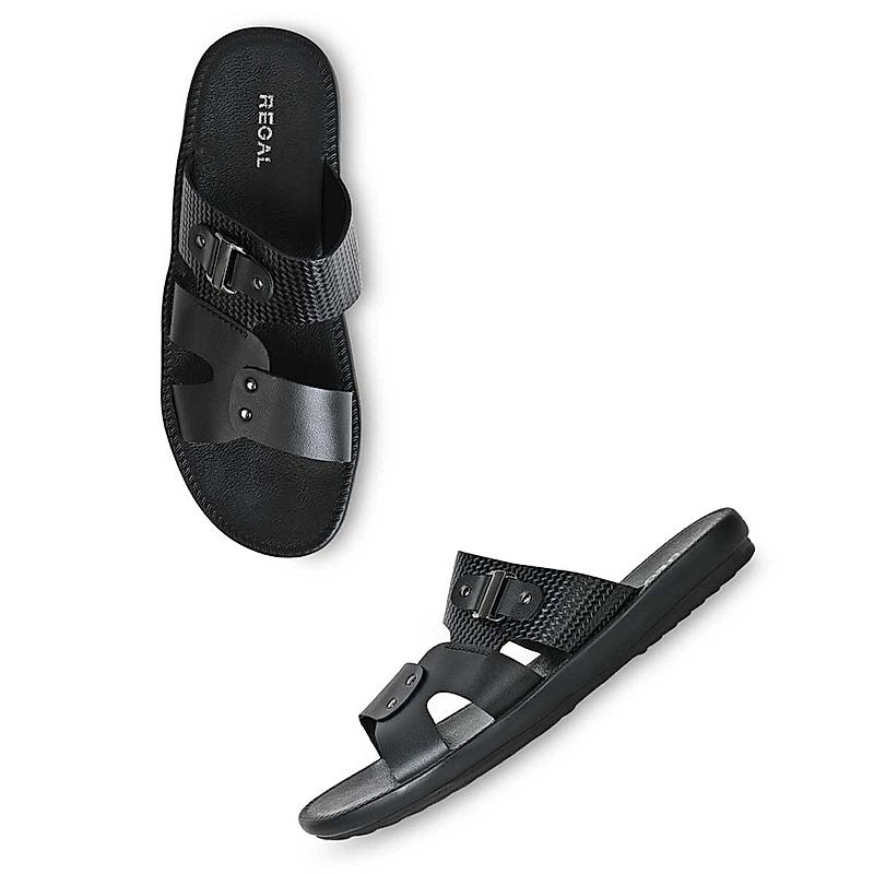 Regal Black Mens Casual Textured Leather Sandals