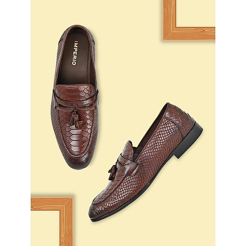 Imperio Dark Tan Mens Formal Croco Leather Tassel Slip On Shoes