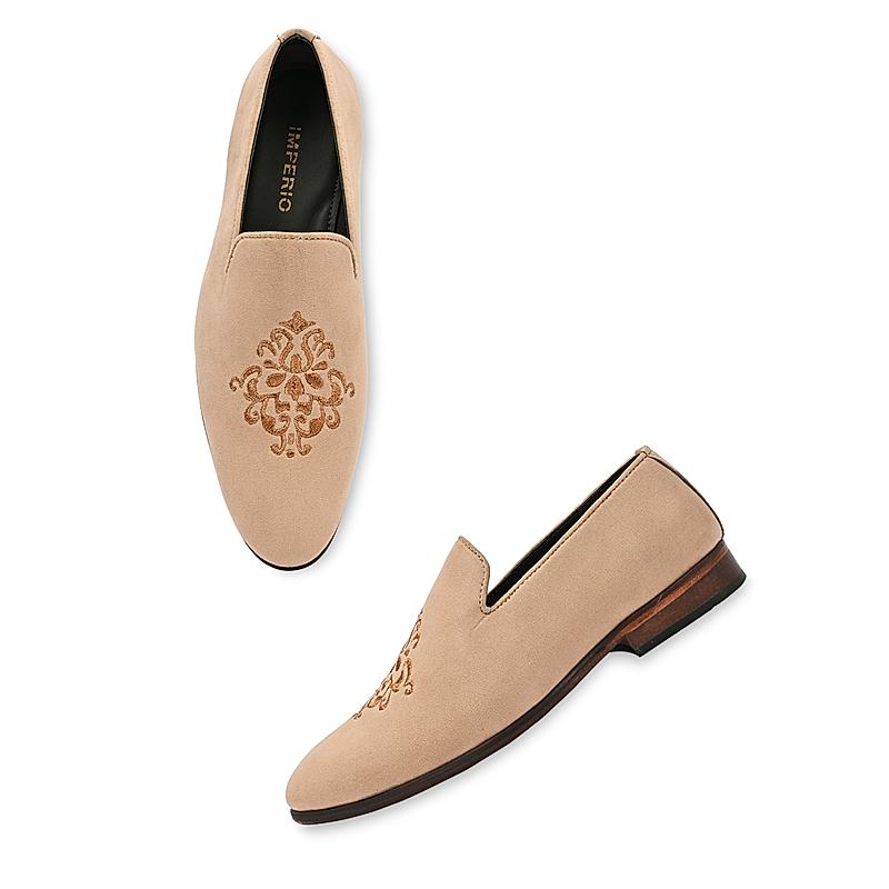 Imperio By Regal Beige Men Embroidered Suede Slip On Shoes