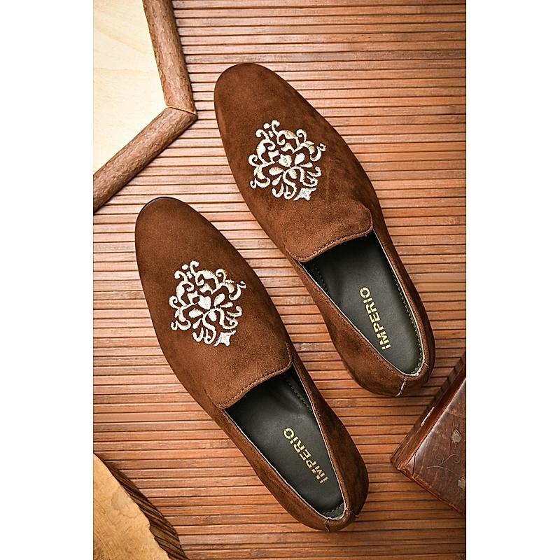 Imperio By Regal Brown Men Embroidered Suede Slip On Shoes