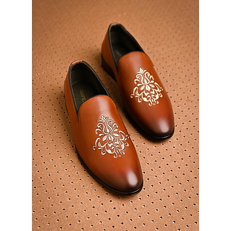 Imperio By Regal Tan Men Formal Leather Embroidered Slip On Shoes