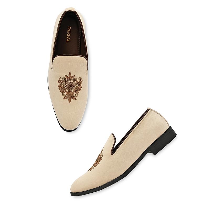 Regal Beige Men Suede Embroidered Ethnic Slip On Shoes