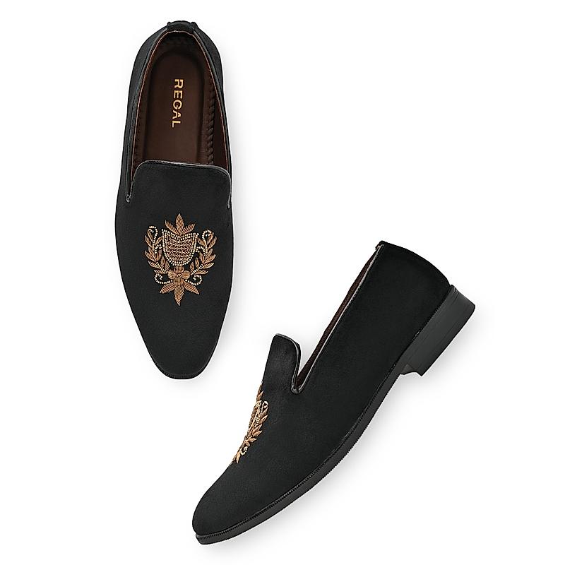 Regal Black Men Suede Embroidered Ethnic Slip On Shoes