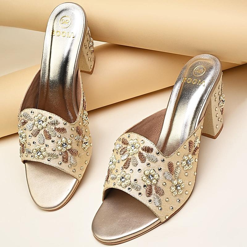 Rocia By Regal Gold Women Heavy Embroidered Block Heel Sandals