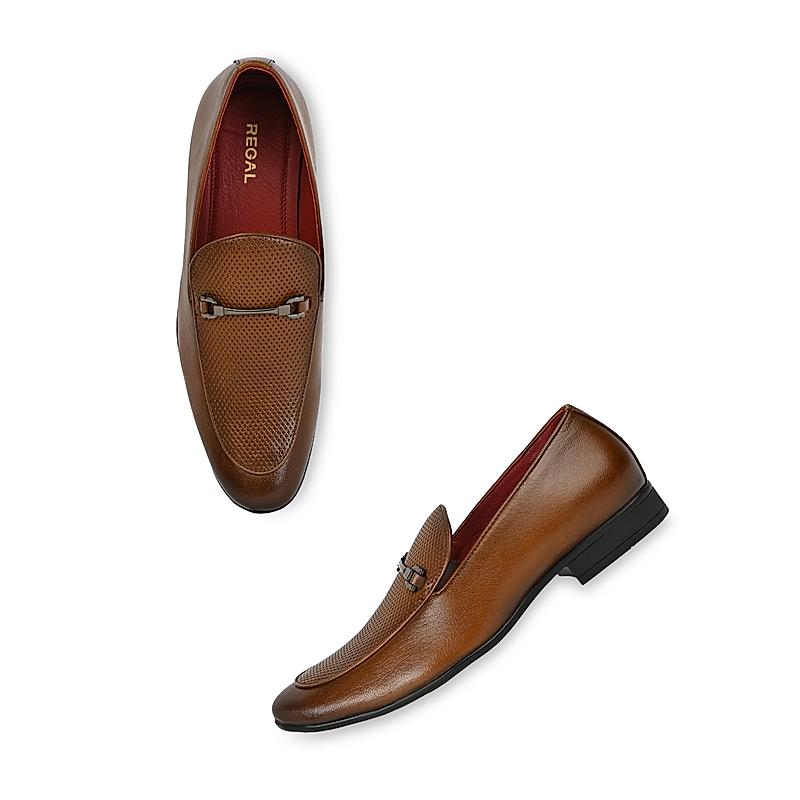 Regal Tan Men Leather Laser Cut Formal Slip-On Shoes