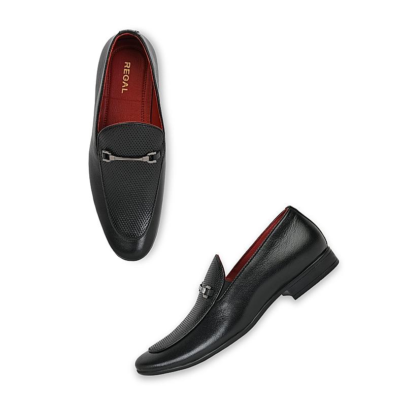 Regal Black Men Leather Laser Cut Formal Slip-On Shoes