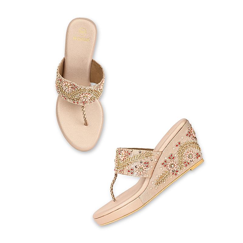 ROCIA Rose Gold Women Hand Embroidered High Wedges