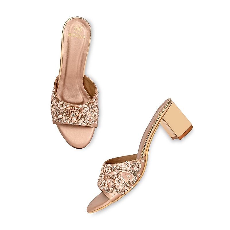 ROCIA Rose Gold Women Hand Embroidered Block Heel Sandals