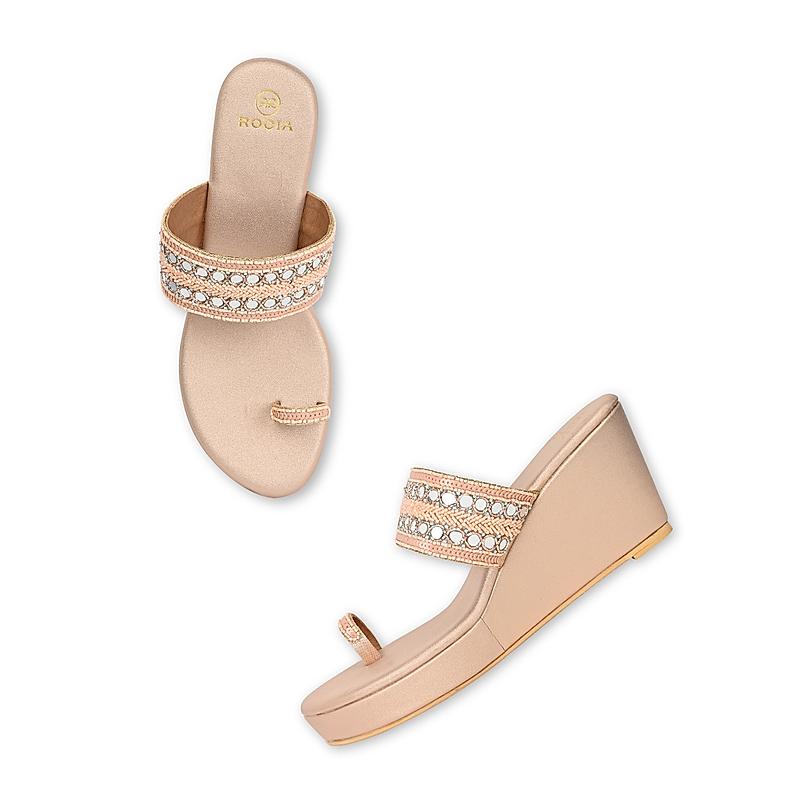 ROCIA Rose Gold Women One Toe Mirror Work Wedges