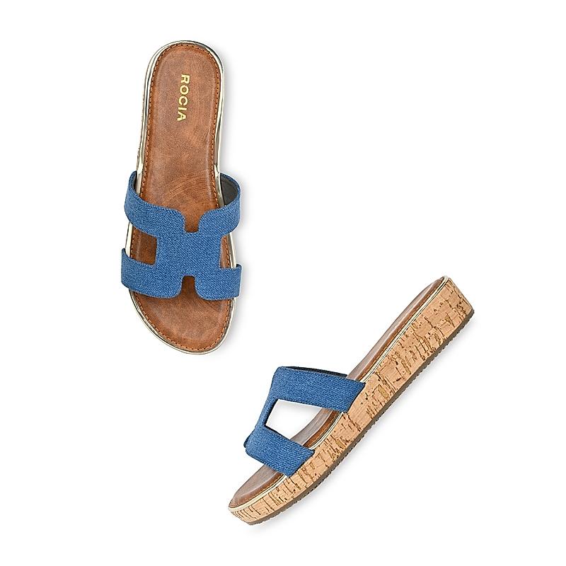 ROCIA Denim Blue Women Textured Slip On Sandals