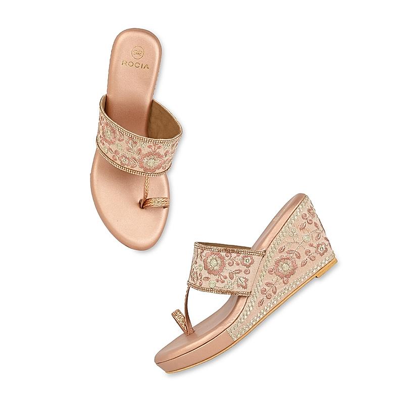 ROCIA Rose Gold Women Hand Embroidered High Wedges