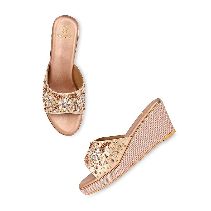 ROCIA Rose Gold Women Mirror Work Wedges