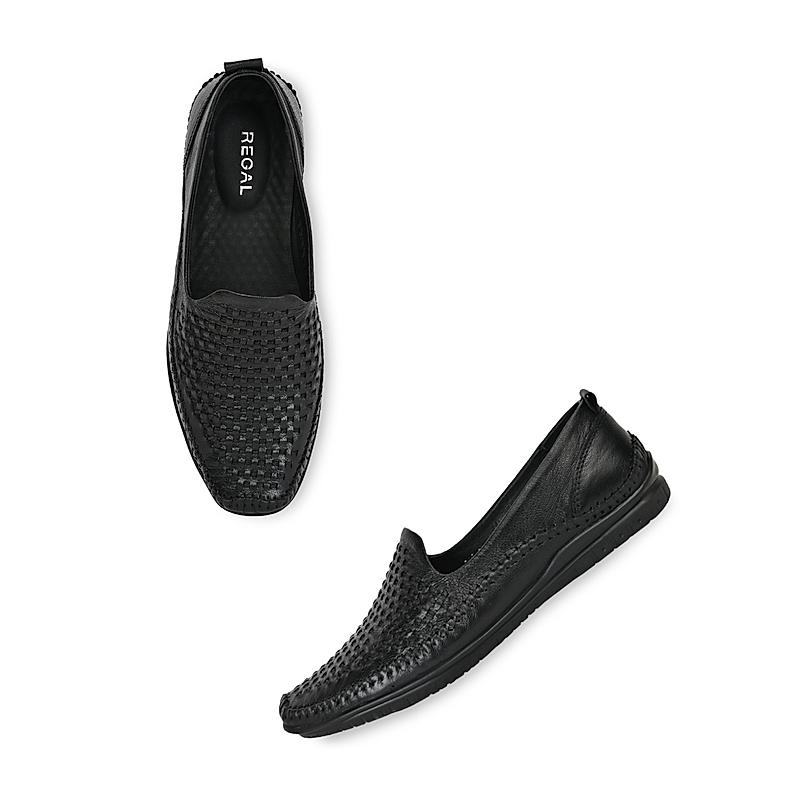 Regal Black Men Leather Woven Mojris