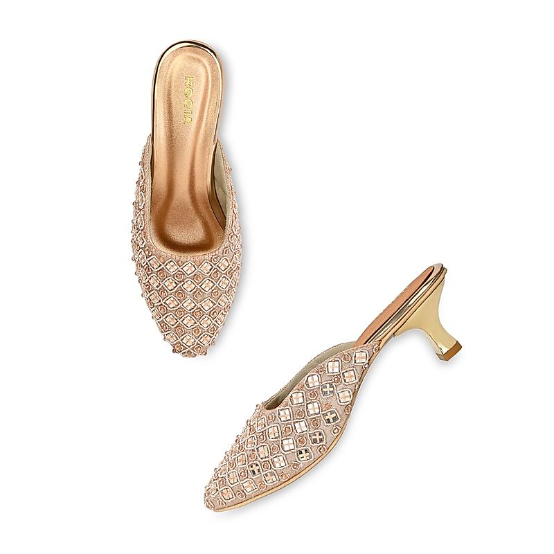 ROCIA Rose Gold Women Hand Embroidered Jeweled Heel Mojris