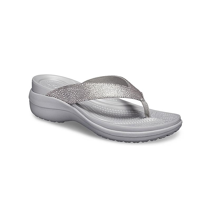 CROCS GUN METAL WOMEN CAPRI TEXTURED WEDGE FLIP FLOPS