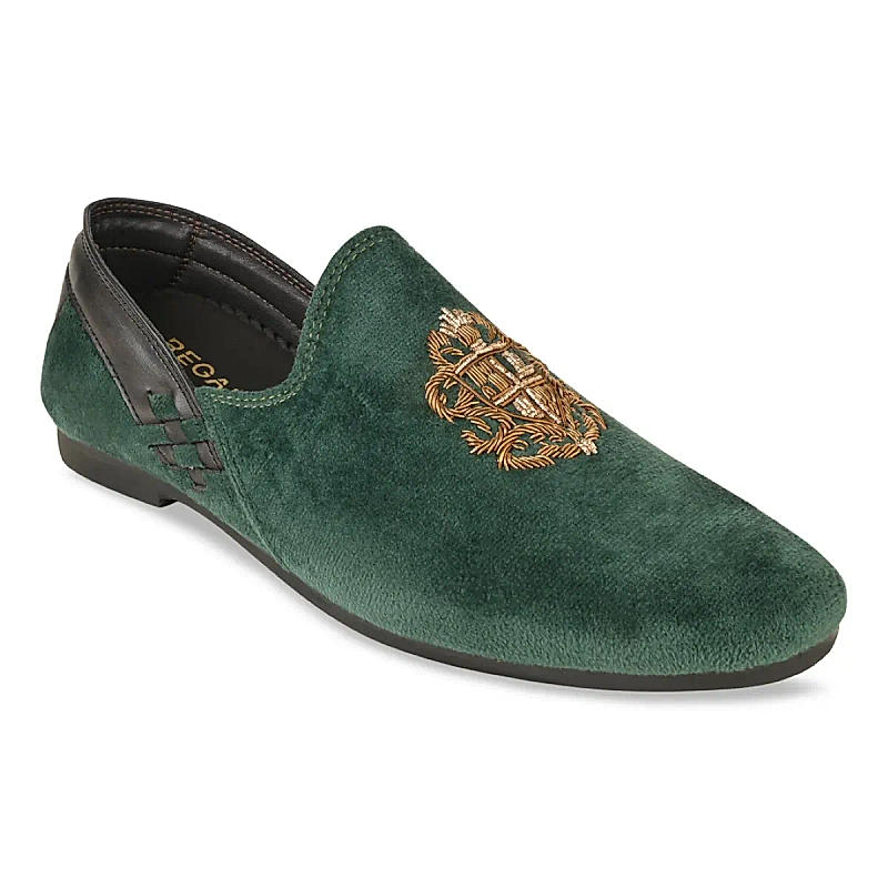 Regal Olive Men Velvet Embroidered Ethnic Slip Ons