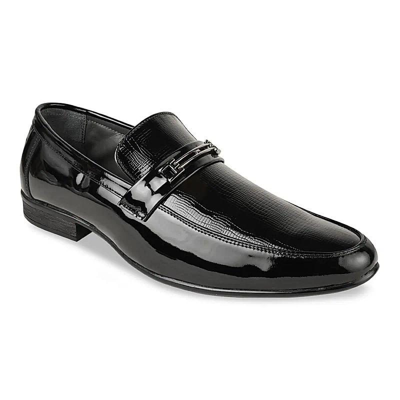 Regal Black Men Textured Patent Slip On Shoes