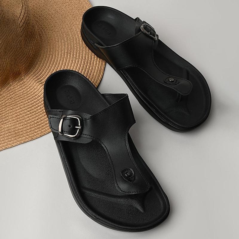 Regal Black Men Textured Leather Sandals