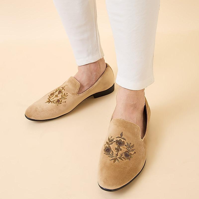 Regal Beige Men Embroidered Suede Loafers