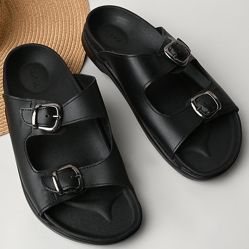 Regal Black Men Textured Leather Sandals