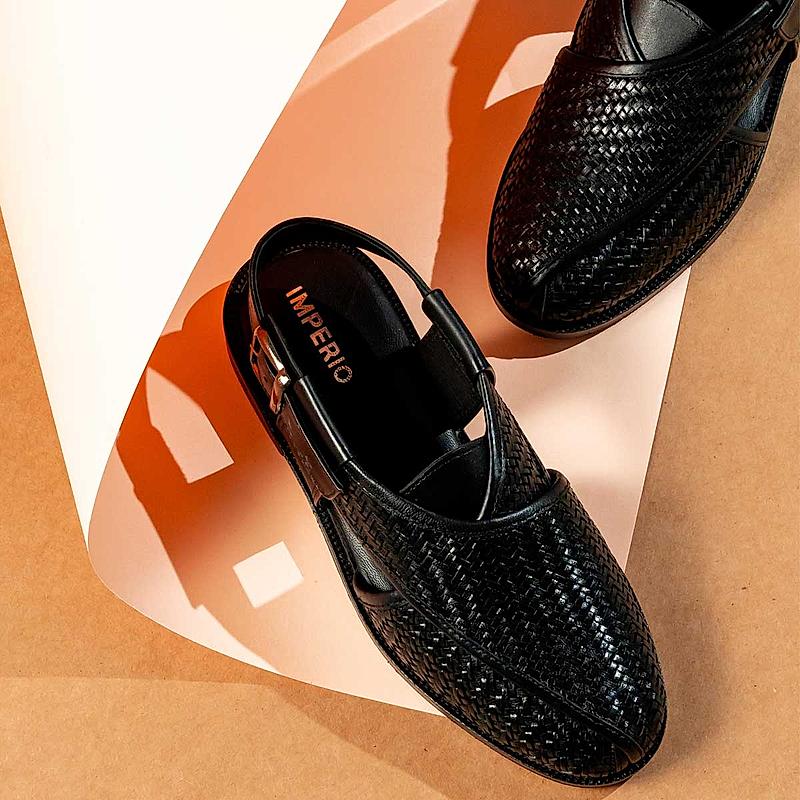 Imperio Black Men Woven Leather Slip On Sandals