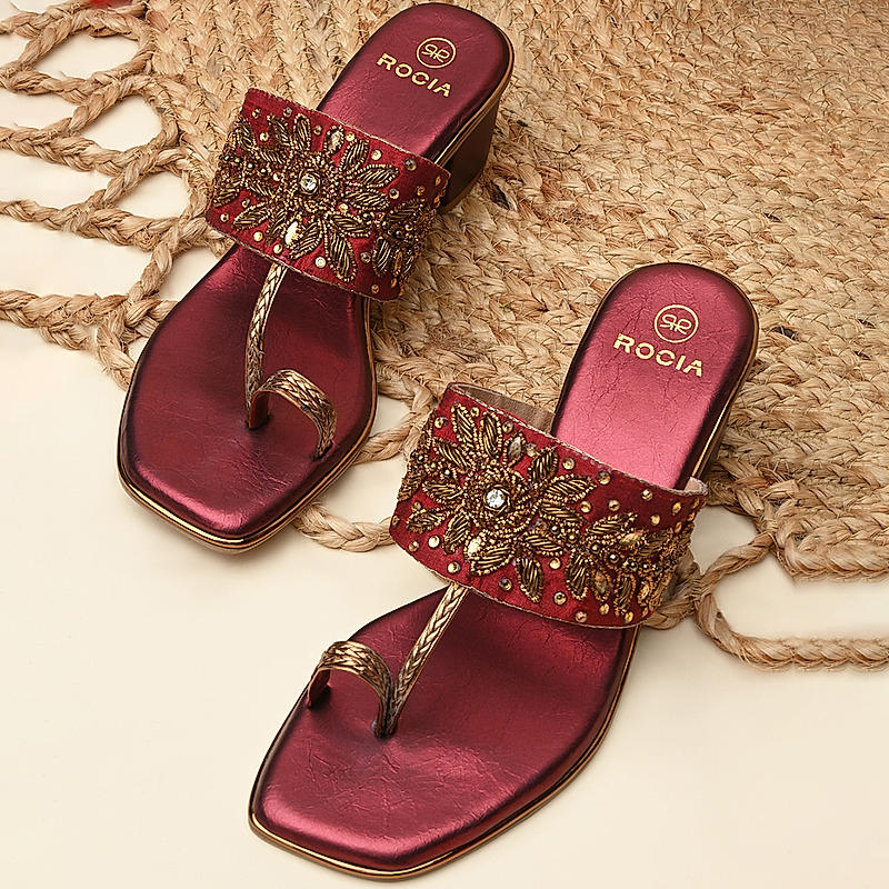 Rocia By Regal Maroon Women One Toe Embroidered Block Heel Sandals