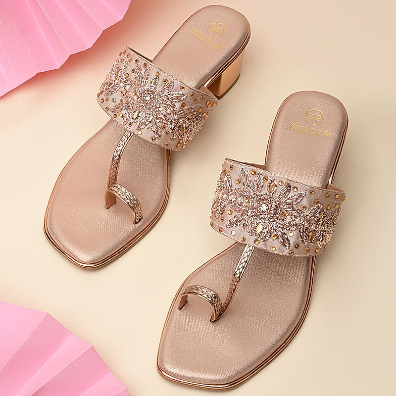 Rocia By Regal Rose Gold Women One Toe Embroidered Block Heel Sandals