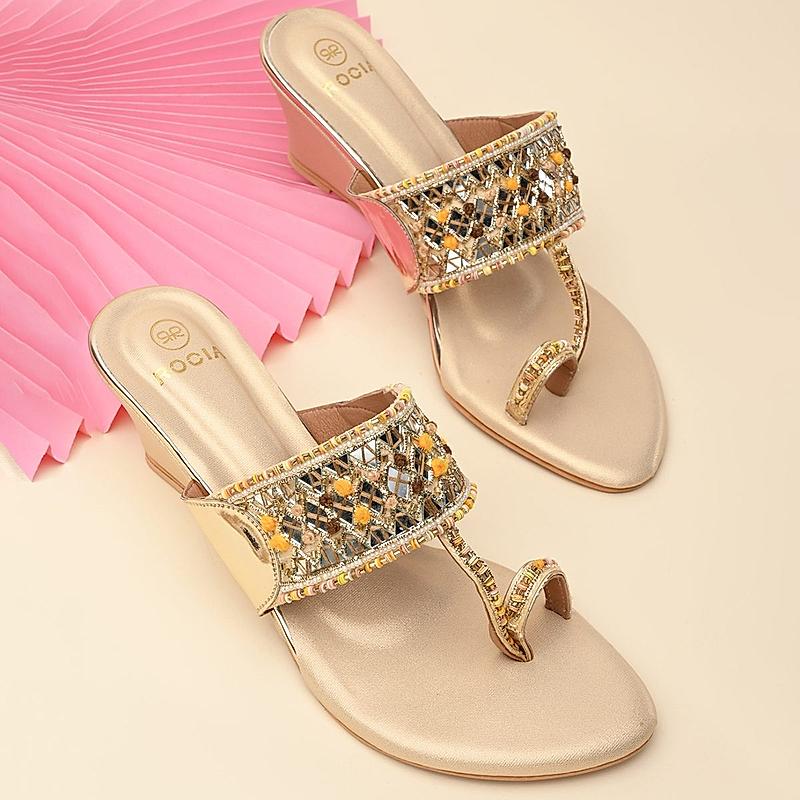 Rocia By Regal Gold Women Mirror Work Kolhapuri Wedges