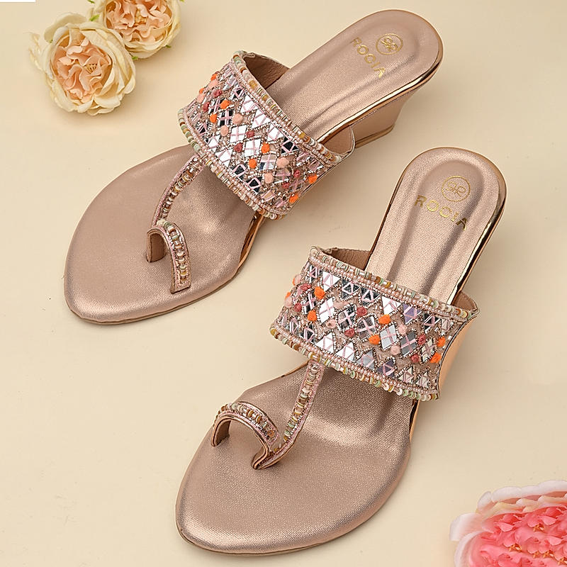 Rocia By Regal Rose Gold Women Mirror Work Kolhapuri Wedges