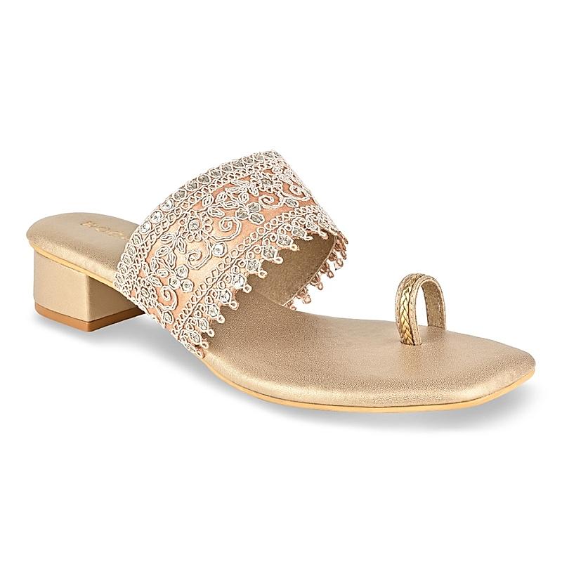 Rocia Gold Women Diamond Embellished Block Heel Sandals