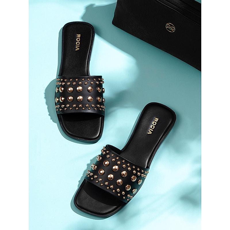 ROCIA Black Women Casual Rivet Sliders