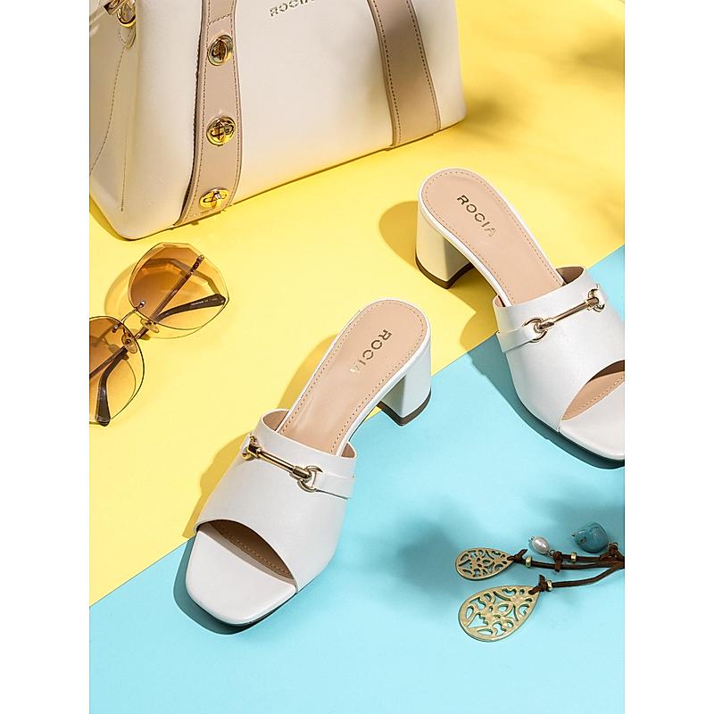 Rocia White Women Gold Buckled Block Heels