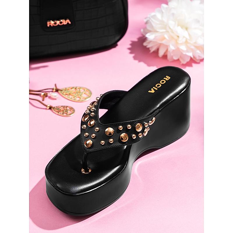 Rocia Black Women Rivet Studded Thong Wedges