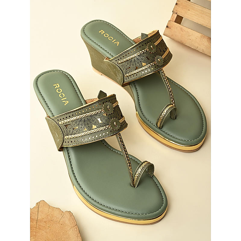 Rocia By Regal Green Women Laser Cut Kolhapuri Wedges